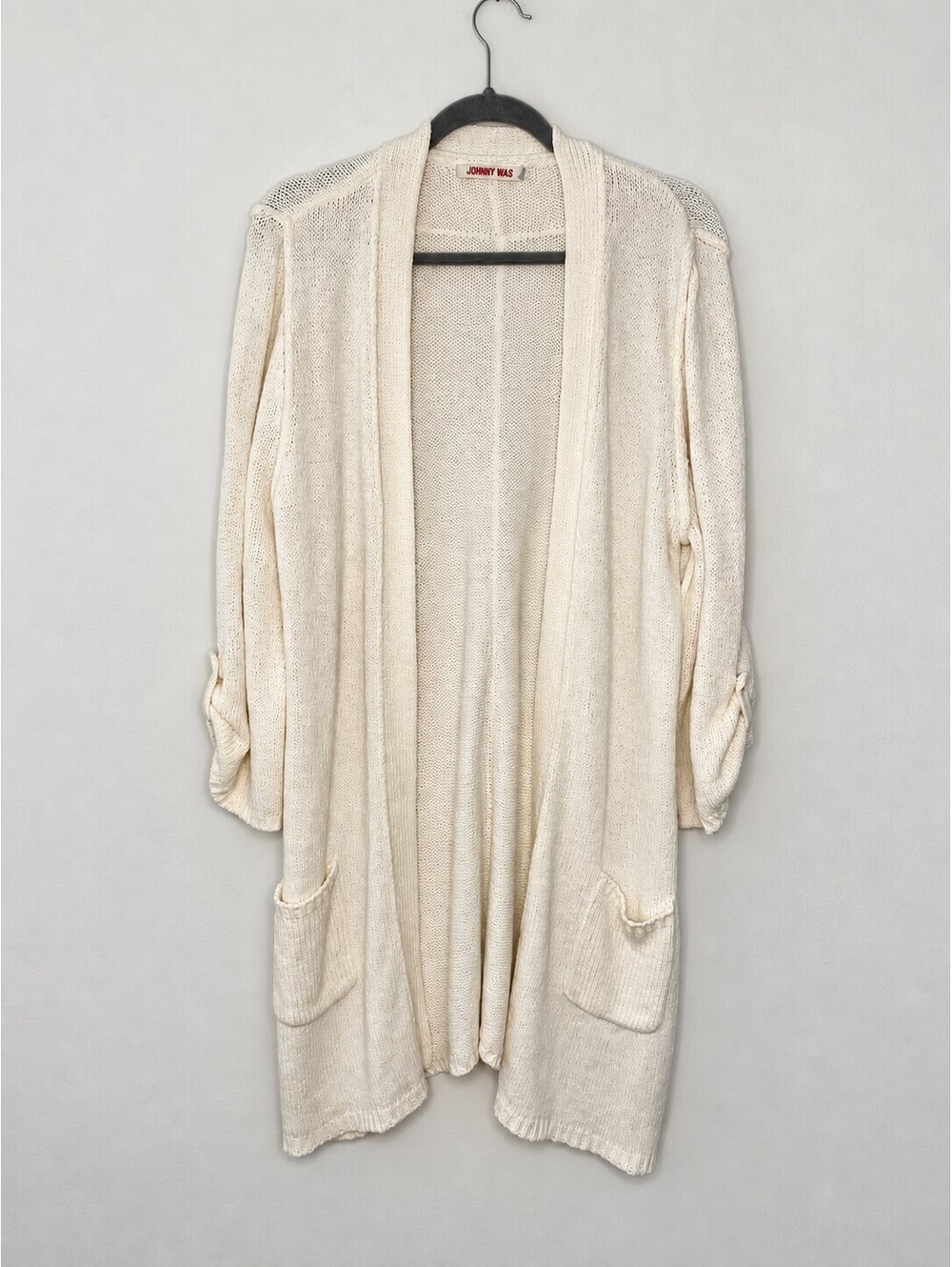 Johnny Was Ivory Open Knit Long Duster Cardigan Pockets Size L